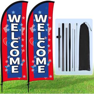 Buryeah 2 Sets Welcome Feather Flag Sign Kit 8 ft Welcome Banners Swooper Flag with Fiberglass Poles and Point Stake for Outdoor Business and Events Promotion(American Style,Red, Blue)