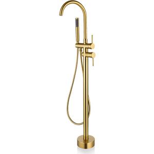Freestanding Bathtub Faucet Floor Mount Free Standing Faucet Tub Filler Brass Bathroom Tub Faucets Swivel Gooseneck Spout with Hand Shower Mixer Taps Brushed Gold
