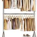 HYSEYY Heavy Duty Clothes Rack, Double Rod Clothing Rack for Hanging Clothes, Rolling Garment Rack, Adjustable Freestanding Wardrobe Closet Coat Rack for Bedroom Laundry Living Room, Silver