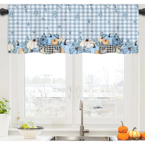 Pack Of 3 Quimoy Fall Kitchen Valance 54 x 18 Inch, Blue White Plaid Curtains with Rod Pocket, Autumn Pumpkin Valances Curtain for Windows, Fall Thanksgiving Valances for Home Kitchen Windows Decor