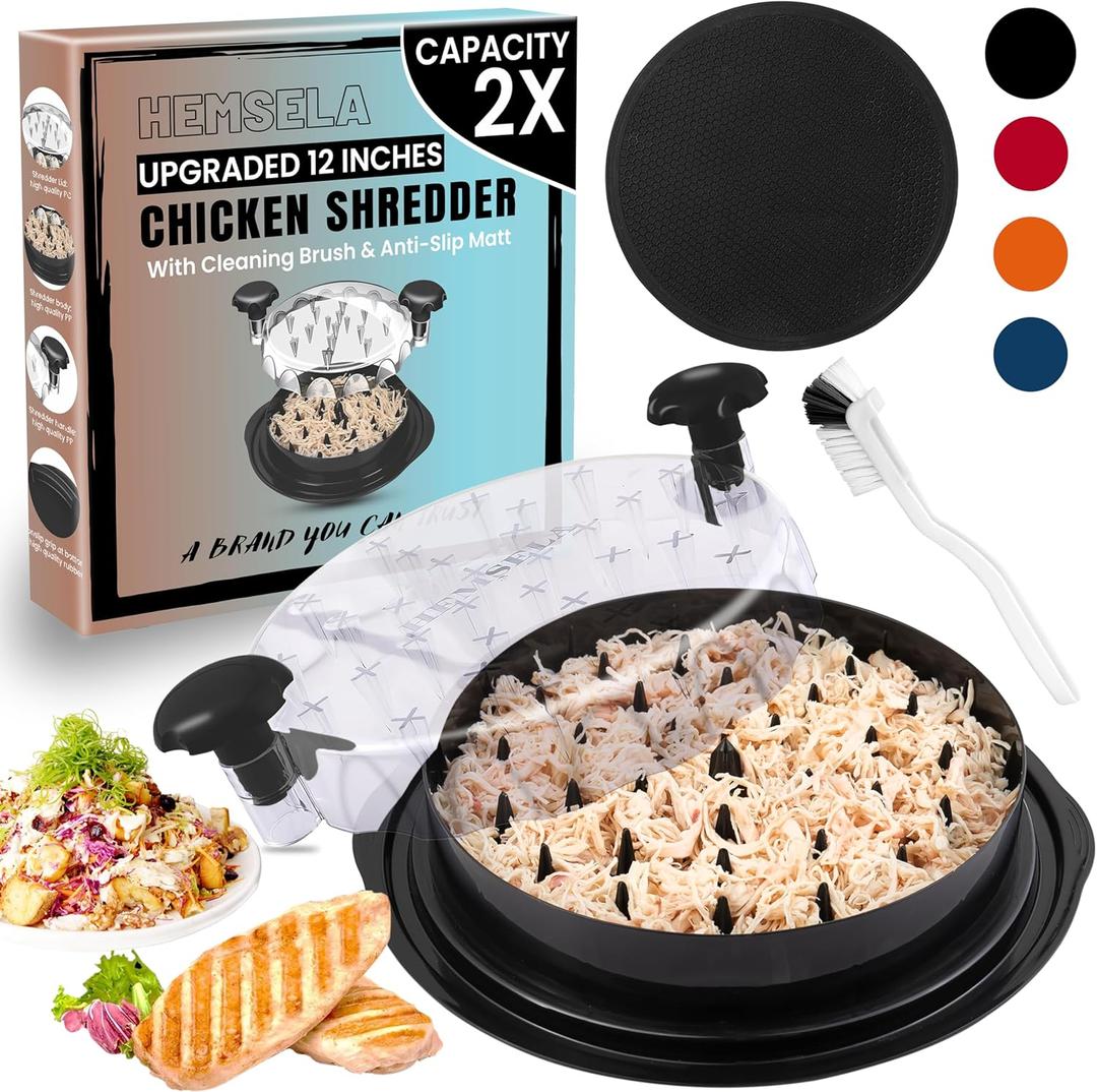 Chicken Shredder Tool Twist Large 12 with Visible Lid & Cleaning Brush | Meat Shredder Twist for Thin Chicken Breast | Dishwasher Safe Chicken Shredder Tool Twister & Food Shredder (Black) (Pro Size - 12 Inch)