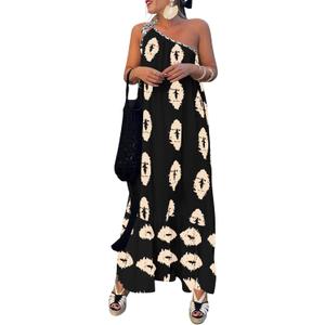 PRETTYGARDEN Women's 2026 Summer One Shoulder Maxi Dress Printed Flowy Boho Long Sundresses Spring Beach Vacation Clothes (Black Apricot Floral, Small)
