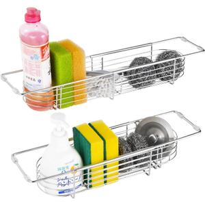 304 Stainless Steel Expandable Sink Storage - Adjustable Drain Rack with Breathable Drainage (14in-18in), Silvery