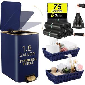 Small Bathroom Trash Can with Lid Soft Close, 1.8 Gallon Stainless Steel Garbage Can with Removable Inner Bucket,Wicker Storage Baskets,75Count Trash Bags, Slim Step Pedal Trash Bins (Navy Blue)