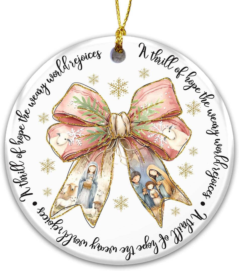 2 x Nativity Ornament 2025  A Thrill of Hope The Weary World Rejoices  Religious Ceramic Christmas Ornament with Pink Bow and Holy Family Artwork, Inspirational Faith Holiday Dcor & Gift