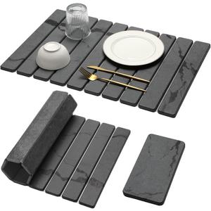 Large Stone Dish Drying Mat for Kitchen Counter, 2PCS Quick Dry Stone Dishes Mat,Foldable Water Absorbing Diatomaceous Drying Organizer Pad for Plates Rack Bottles Utensils(Dark Gray 24"16" & 8"x4")