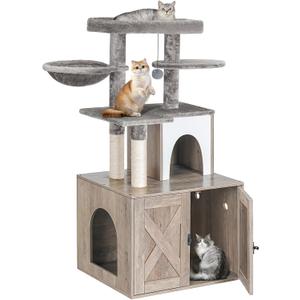 Snughome Cat Litter Box Enclosure with Tree Tower and Condo, Hidden Washroom Furniture with Sisal Scratching Post and Soft Plush Perch, Wooden Cat Furniture with Multiple Platforms, Grey