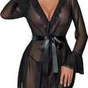 Avidlove Mesh Lingerie Robe Sets Long Sleeve Kimono Nighty With Thong | Sexy, Long Sleeve, Soft, Sheer Mesh, Robe with Thong, Ruffle Bell Sleeves