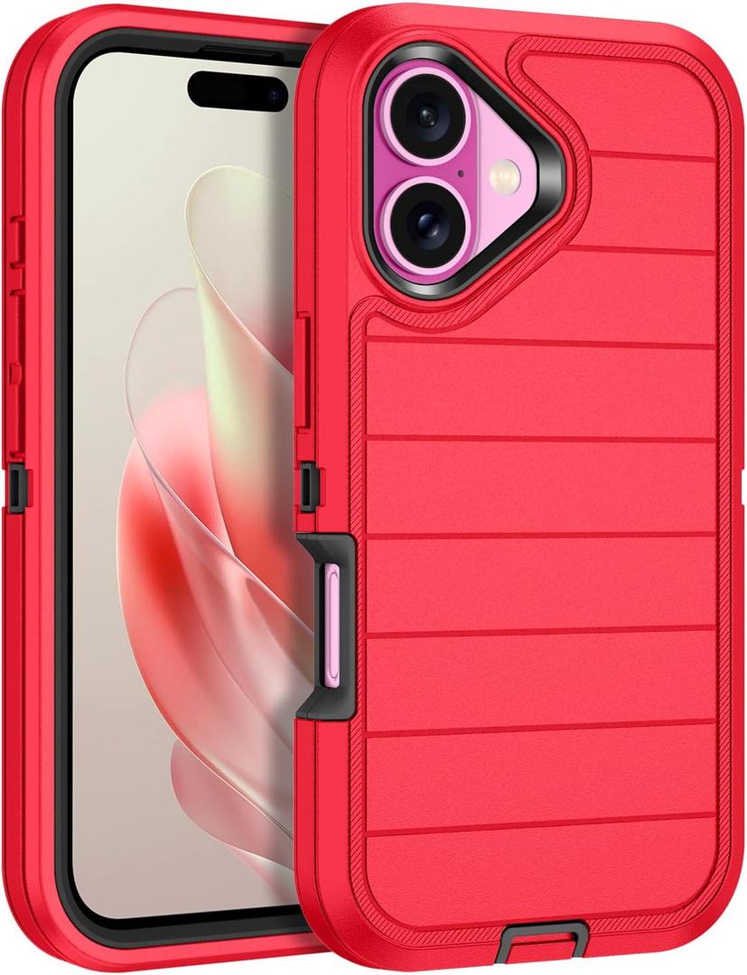 for iPhone 16 Case Heavy Duty Protective Shockproof Drop Proof 3-Layer Full Body Protection Military Grade Rugged Tough Cover Case for Apple iPhone 16 6.1", Red/Black