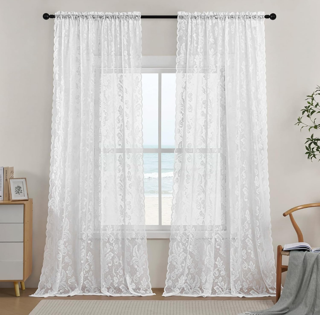 White Lace Curtains 72 Inch Length Vintage Victorian Paisley Floral Curtains for Living Room Bedroom Rod Pocket Light Filtering Neutral French Lace Drapes Snowy Winter Window Privacy Decor, 52x72