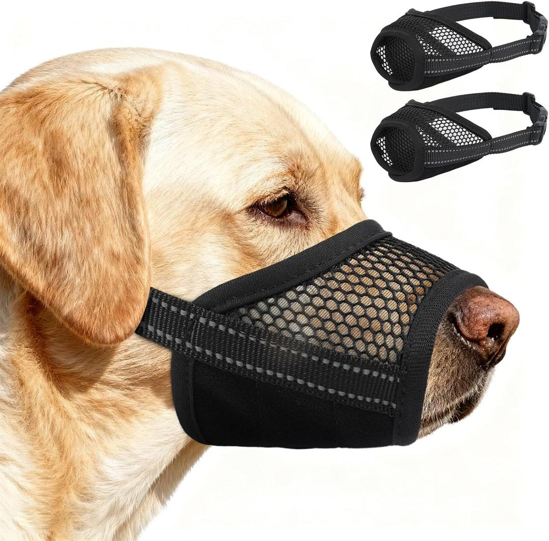 2 Pack Dog Muzzle,Mesh Soft Muzzle for Small Medium Large Sized Dog, Anti Barking Biting, Breathable Adjustable Drinkable，Mouth Cover for Grooming Training（Black, S