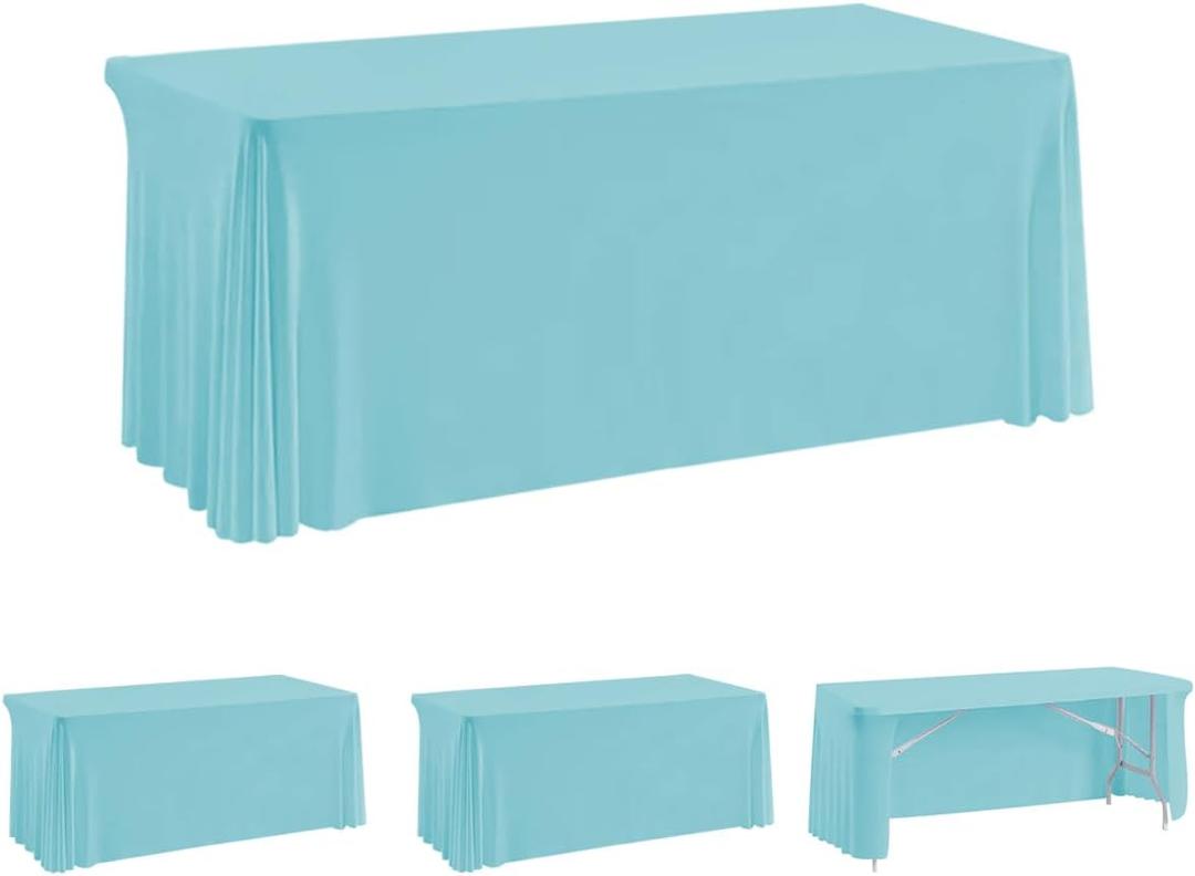 HAORUI Open Back Table Skirts, 4Pack Rectangle Wrinkle Resistant Table Clothes, Ruffles Elastic Table Cover for Banquets, Weddings, Parties (6ft Baby Blue)