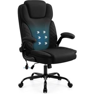 Ergonomic Office Chair, PU Leather High Back Executive Chair with Adjustable Inflatable Lumbar Support and Padded Flip-Up Arms, Recline Swivel Task Computer Chair for Home Office, Black