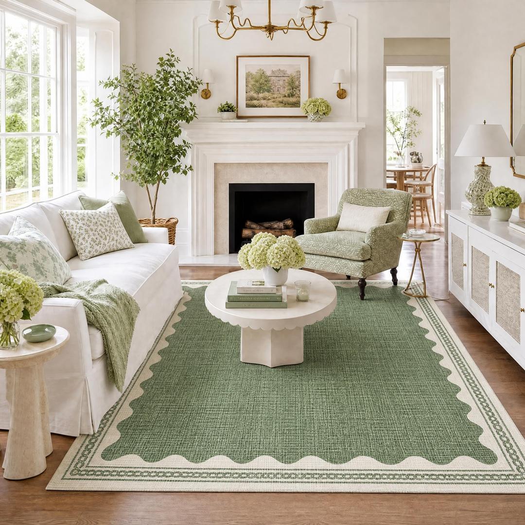 GarveeHome Scalloped Washable Rugs 5x7 Rug for Living Room, 5 x 7 Rug Solid Sage Green Modern Low-Pile Carpet for Bedroom Dining Nursery Non Slip Mat with Rubber Back