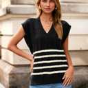 Glamaker Women Summer Striped Sweater Vest Sleeveless V Neck Knit Oversized Casual Cap Sleeve Spring Tops Trendy (L)