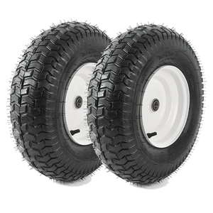 (2-Pack) 16x6.50-8 Tubeless Tires on Rim - Universal Fit Riding Mower and Yard Tractor Wheels - With Chevron Turf Treads - 3” Offset Hub and 3/4” Bearings - 4 Ply with 615 lbs Max Weight Capacity
