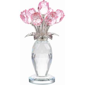 Crystal Pink Rose Flower Figurine with Vase, Handmade Romantic Rose Gifts Bouquet for Wife Mom Women, Glass Rose Flower with Stem Home Decor for Valentine Mother's Day Christmas