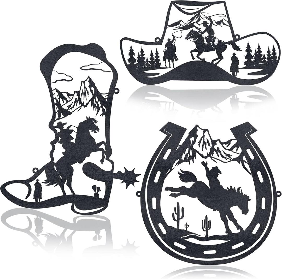 Pinkunn 3 Pcs 9.8 Inch Metal Horseshoe Western Home Decor Western Party Decorations Cowboy Wall Sculptures Hat Boot Art Rustic Hanging Country Wall Decor Christmas for Home Bathroom Bedroom(Black)