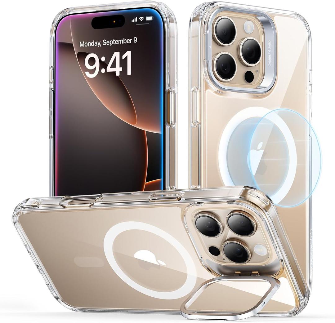 ESR for iPhone 16 Pro Case, Compatible with MagSafe, Military-Grade Protective, Built-in Stash Stand Phone Case, Scratch-Resistant Back Cover, Classic Series, Clear