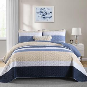 Dinjoy Blue King Size Quilt Set,Boho Summer Bedspread Beige Striped Lightweight Bedding Set Micofiber 3 Pieces Coverlet Quilts Farmhouse Patchwork Bed Set for Men Boys