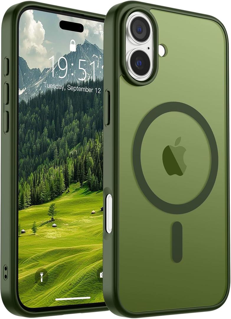 SUPFINE Magnetic for iPhone 16 Plus Case (Compatible with MagSafe) (Military Grade Drop Protection) Slim Translucent Matte Shockproof with Anti-Fingerprint Phone Case,Cangling Green