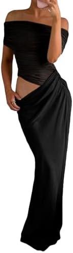 NRTHYE Women Mesh Off The Shoulder Maxi Dress Sexy See Through Short Sleeve Hollow Out Ruched Elegant Long Dresses, Large 