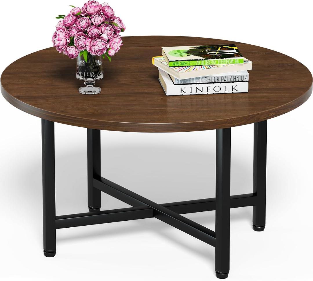 FAMIDGE Coffee Table, 23.6" Coffee Tables for Living Room, Round Coffee Table with Metal Frame, Floor Table for Sitting on The Floor, Home, Office, Dark Walnut