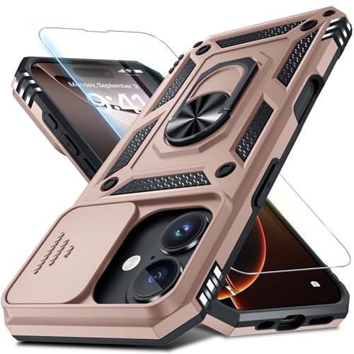 Janmitta Case for iPhone 11 Phone Cover Built in Slide Camera Lens Cover+Screen Protector,Heavy Duty Shockproof Full Body PhoneCase with Finger Ring Holder Kickstand,Rose Gold
