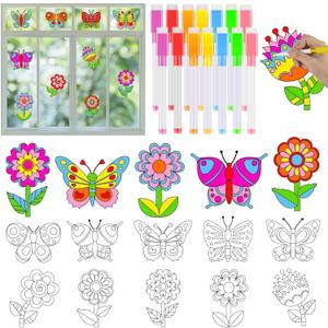 Qyeahkj  Spring Theme Flower Butterfly Suncatchers for Kids DIY Flower Butterfly Window Cling Sticker with Markers Spring Painting Craft Kit Art Project Hobby Gifts for Home Classroom Decor