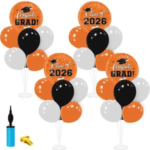 Graduation Decorations - 4 Set Balloon Stands, Class of 2026 Congrats Grad Table Centerpieces for Graduation Party Supplies(Orange& Black)