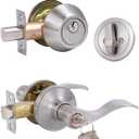 Keyed Alike Front Door Lever Lockset with Single Cylinder Deadbolt Combination Set, Exterior Door Knob with Lock and Deadbolt, Satin Nickel Finished Door Lock