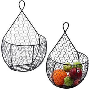 ERYTLLY Metal Fruit And Vegetable Storage Hanging Basket Wall Mounted, For Kitchen Black Wire Baskets for Flowers, Fruits and Veggies, - Set of 2 (1 Medium + 1 Large)