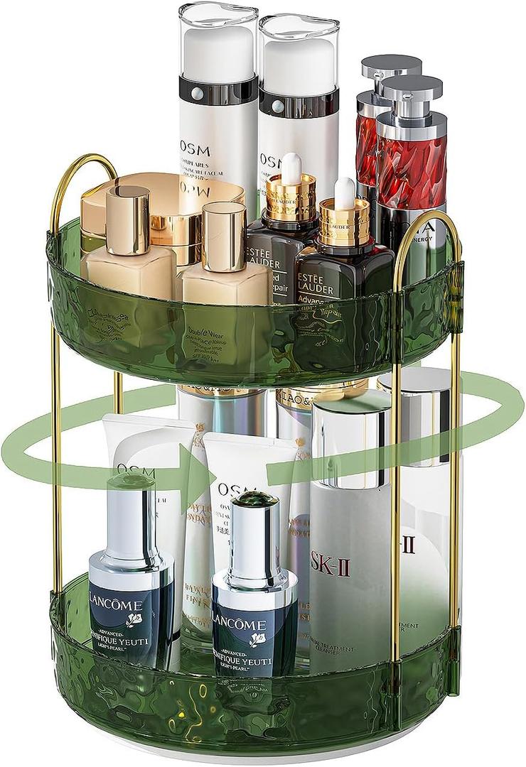 COMVTUPY 360° Rotating Makeup Organizer - Large Capacity Makeup Skincare Perfume Organizer Bathroom Organizer for Countertop Green 2 Tier