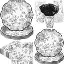 Kochorie 144 Pieces Black Floral Paper Plates and Napkins Party Supplies, Black and White Flower Tableware Set Include Vintage Scalloped Plates Napkins Cups Forks for Wedding Birthday Tea Party