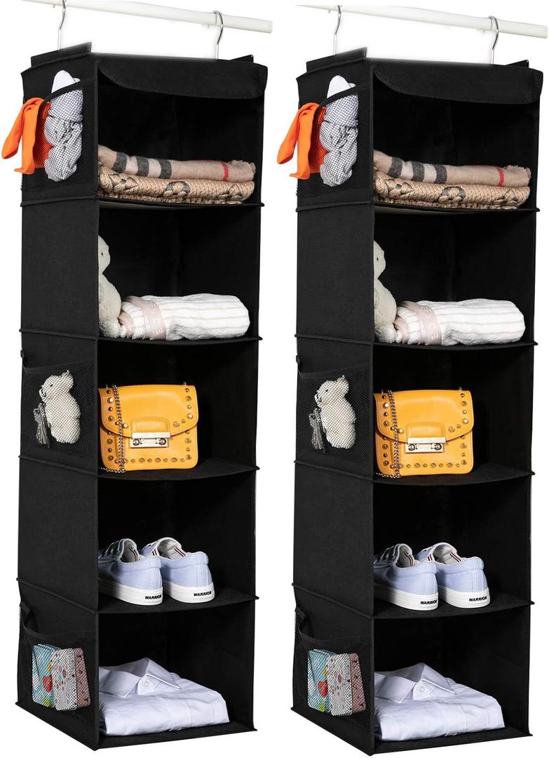 2 Pack Hanging Closet Organizer, 5 Shelves Hanging Storage with 6 Side Pockets for Clothes Shoes, 43"x12"x12"(Black)