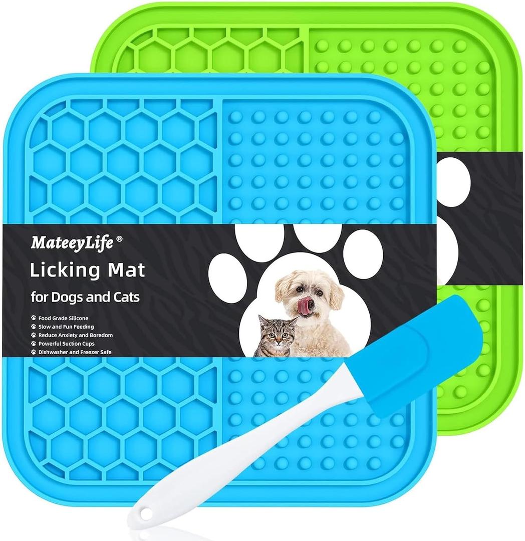 MateeyLife 2PCS Small Lick Mat for Dogs and Cats, Licking Mats for Dog Anxiety Relief, Cat Peanut Butter Lick Pad for Boredom Reducer, Dog Treat Mat Perfect for Bathing Grooming | 6'' × 6'', Blue&Green