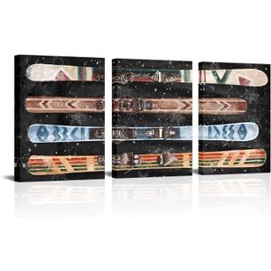 Derkymo Old Styled Snow Ski Canvas Wall Art Rustic Snowboards Picture Artwork Framed for Home (12"x16"x3pcs)