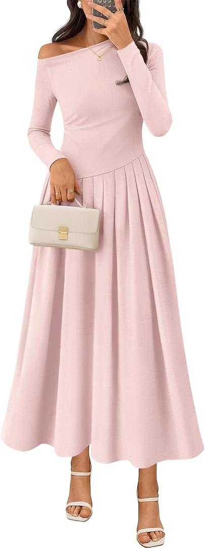 MEROKEETY Women's Fall Long Sleeve Wedding Guest Dresses 2025 One Shoulder Elegant Formal Pleated Midi Maxi Dress (Pink, M)