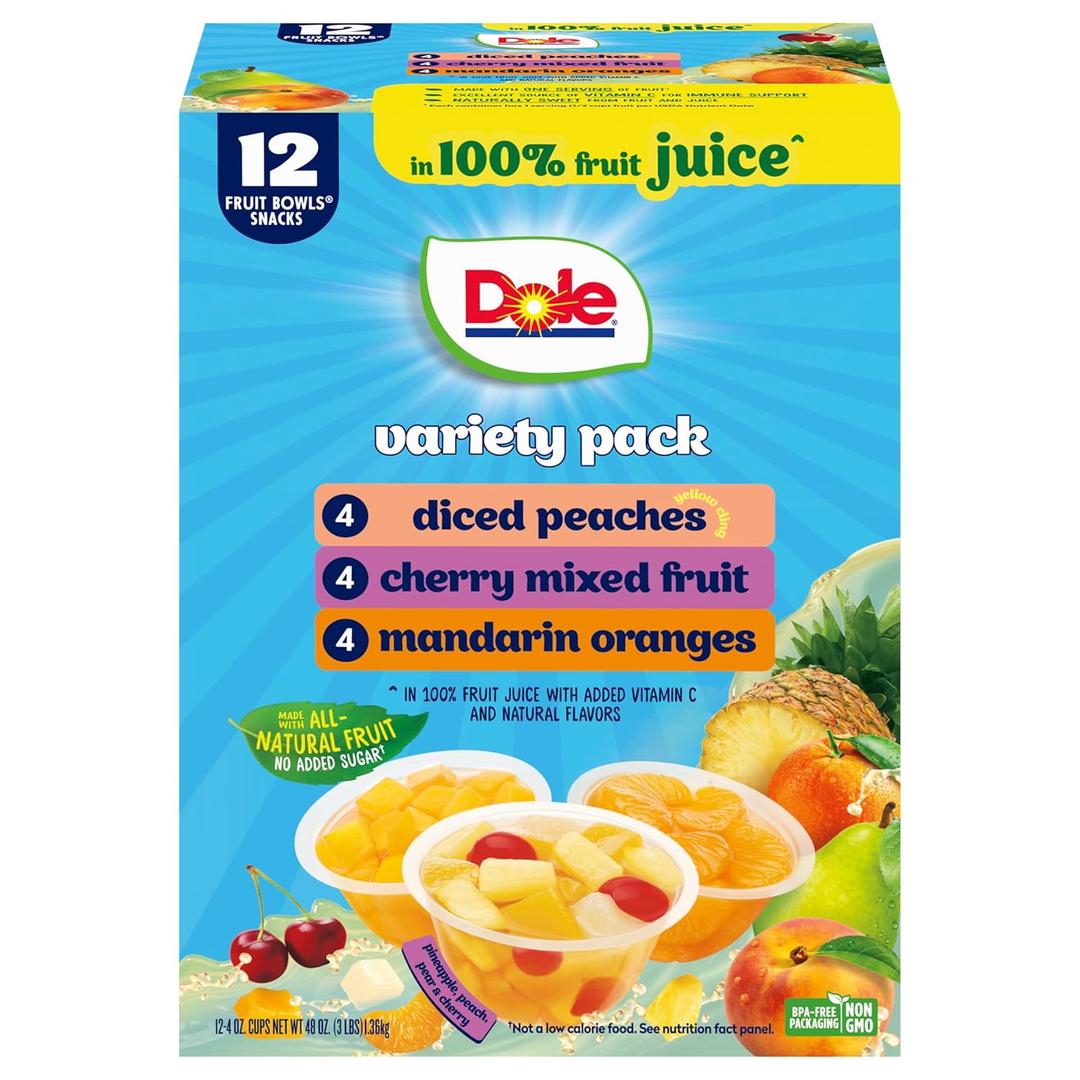 Dole Diced Peaches, Mandarin Oranges, and Cherry Mixed Fruit in 100% Juice Variety Pack - Dole Fruit Bowls Snacks - 4 oz Bowls - 12 Pack (EXP 07/12/26)
