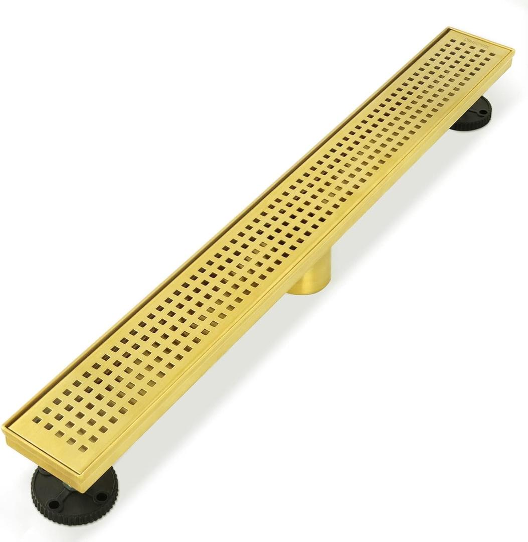 Neodrain 18-Inch Brushed Brass Linear Shower Drain with Removable Quadrato Pattern Grate,Professional 304 Stainless Steel Gold Rectangle Shower Floor Drain Manufacturer,Linear Drainwith Hair Strainer