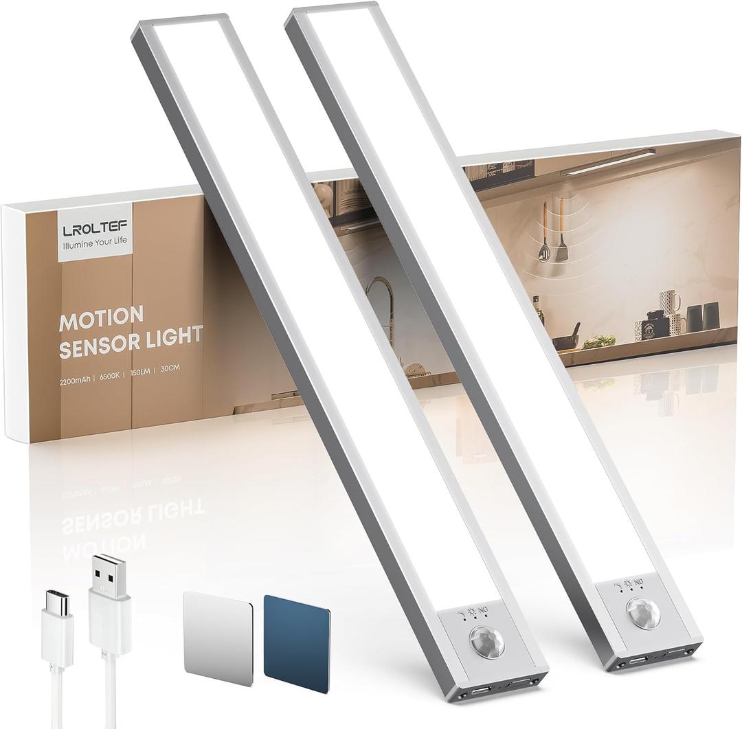 LROLTEF Under Cabinet Lighting Wireless, 2 Pack 11.8 inch 2200mAh 6500K Dimmable Motion Sensor Light Indoor, Rechargeable LED Under Counter Lights for Kitchen, Shelf, Stairs, Closet