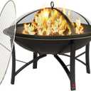 Fire Beauty Fire Pit for Outside Wood Burning,BBQ Grill Steel Fire Bowl with Cooking Grate,Spark Screen Cover,Log Grate,Poker for Camping Beach Bonfire Picnic Backyard Garden (Black+Chrome Grill)