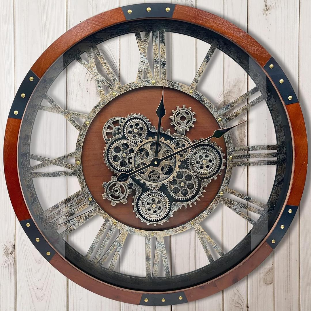 DORBOKER 24" Original Moving Gears Wall Clock, Large Industrial Wall Clock for Living Room Decor,Oversized Wood Vintage Farmhouse Steampunk Rustic Clocks for Wall Decor,Black Walnut (60cm / 24 inch)