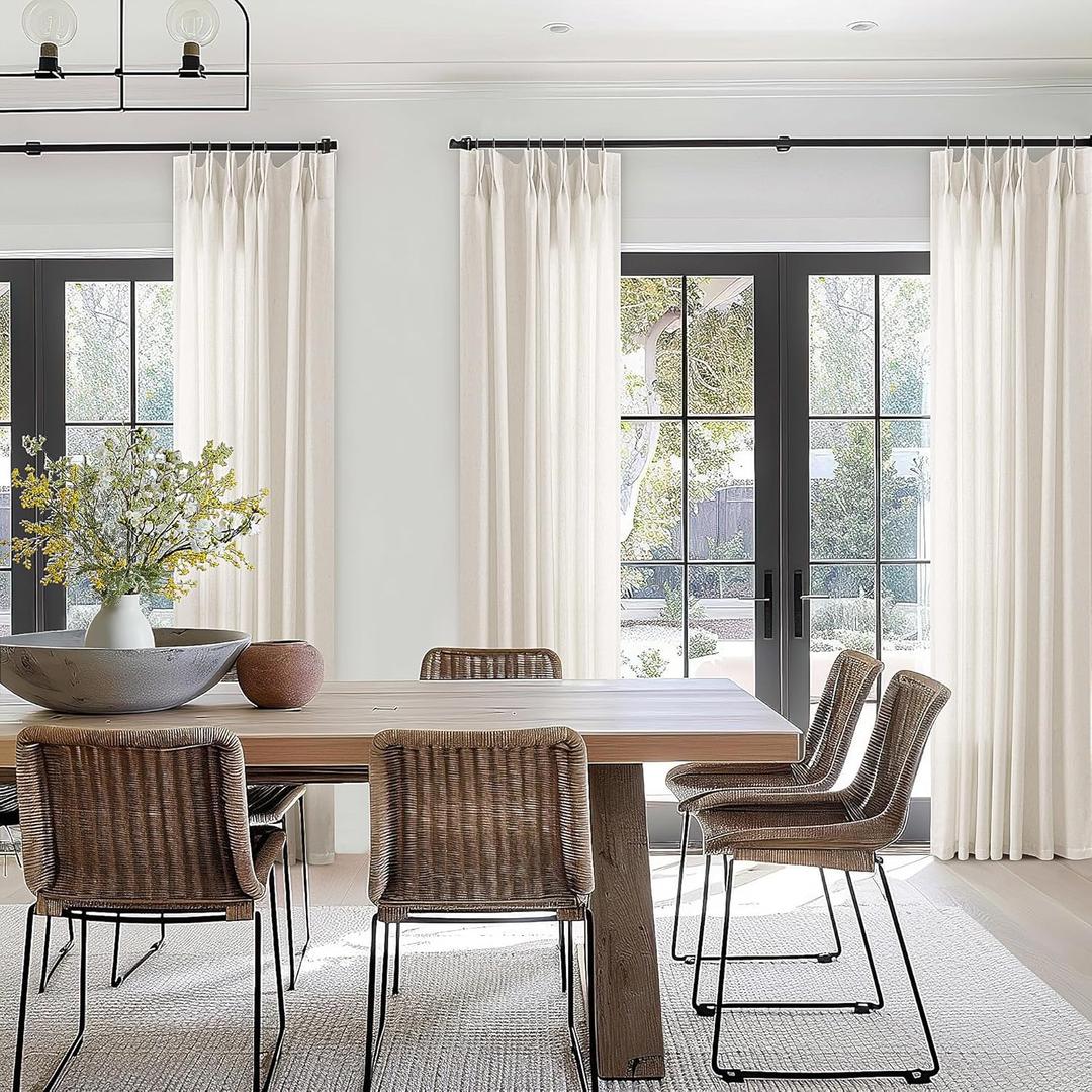 112 Inch Pinch Pleated Linen Extra Long Curtains for Living Dining Room Semi Sheer Light Filtering Modern Elegant Floor Length Curtains Pinch Pleat Curtain with Hooks Rings Back Tab Neutral Cream