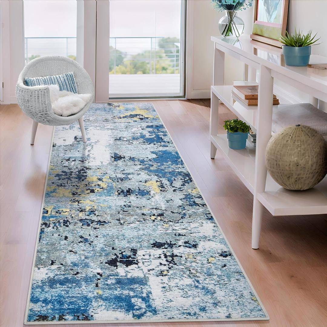 2'x6' Runner Rugs for Hallways Kitchen Runner - Washable Runner Rug with Non Slip Rubber Backing, Soft Abstract Carpet Long Hallway Runners for Bedroom, Bathroom, Enterway (Blue)