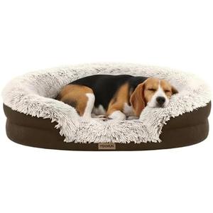 Miorun Fluffy Orthopedic Dog Bed for Dogs, Calming Plush Sofa Bed with Curved Bolster Support and Egg-Crate Foam Base, 35" Cozy Oval Pet Donut Bed with Washable Cover, Coffee