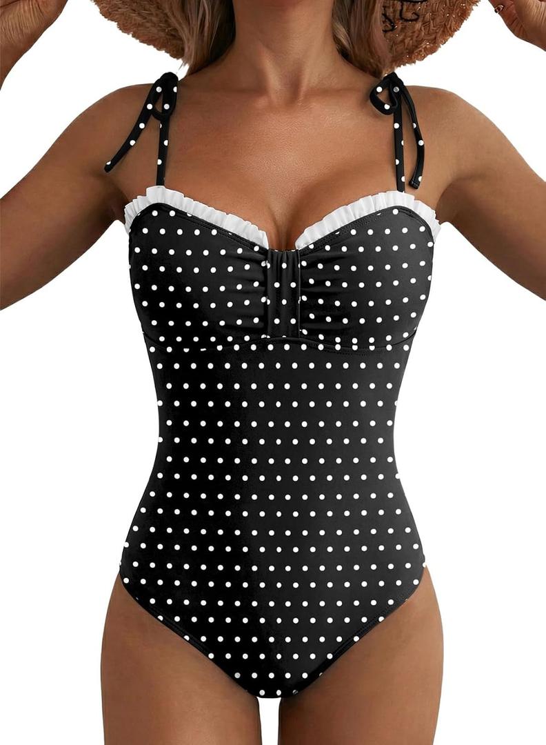 Herseas Women's One Piece Swimsuits High Cut Sexy Ruffled Trim Ruched Removable Padded Bathing Suits Adjustable Tie Shoulders Casual Holiday Outfits Black with White Dots​, Large