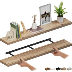 Ballucci Floating Shelves for Wall, 60" Wood Wall Shelf Set of 2, with Invisible Brackets for Bathroom, Living Room, Bedroom, Kitchen, Nursery, 8" Deep, Oak Finish