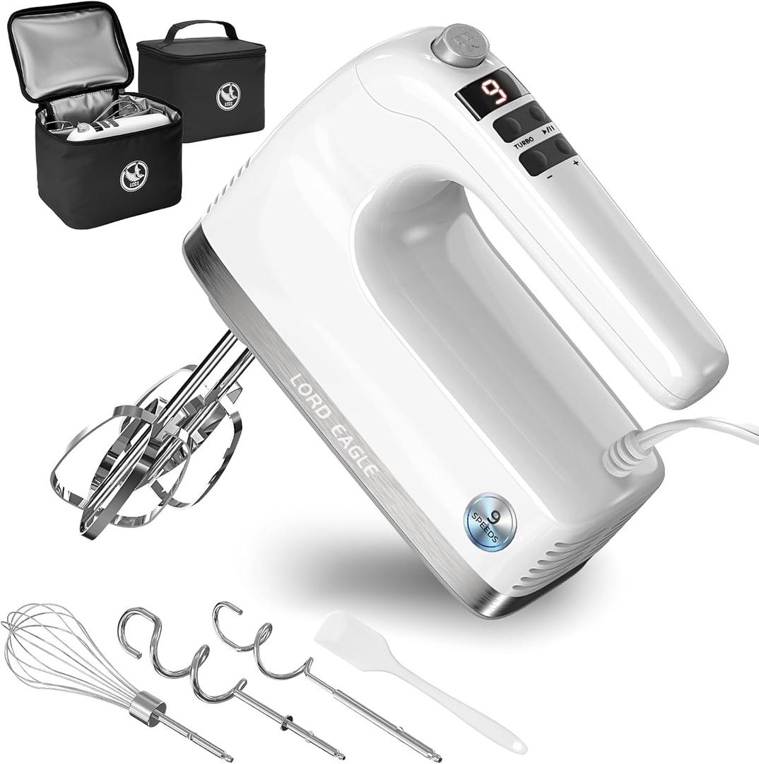 Lord Eagle 9-Speed Digital Hand Mixer Electric Handheld, 500W DC Motor Kitchen Mixer for Cake Baking, Lightweight Egg Beaters with Stain-resistant & Waterproof Storage Bag & 6 Accessories