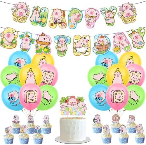 Pack of 3 Capybara Birthday Party Decorations Supplies Include Banner Balloons Cupcake Toppers and Cake Toppers